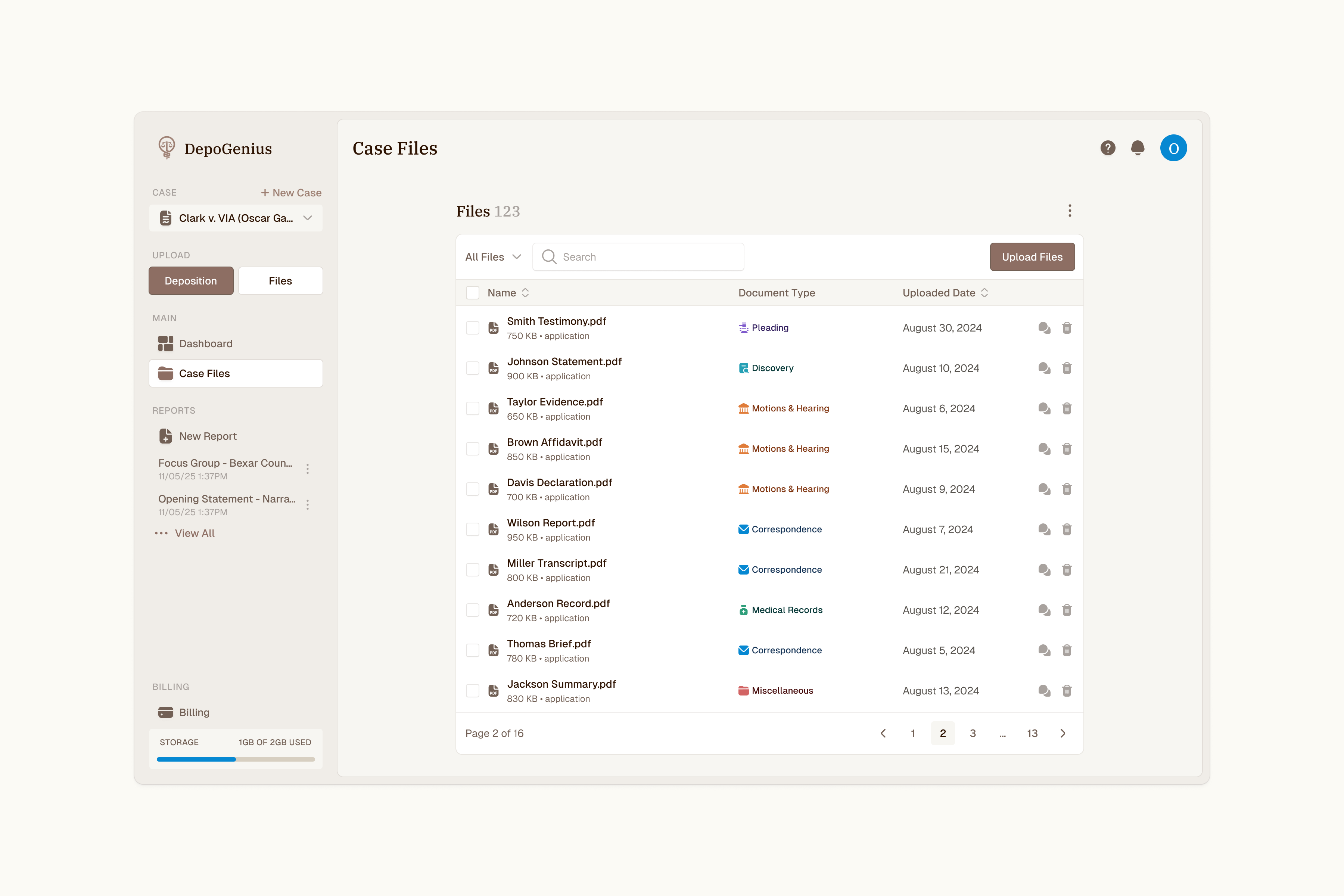 Redesigned DepoGenius Case Files workspace