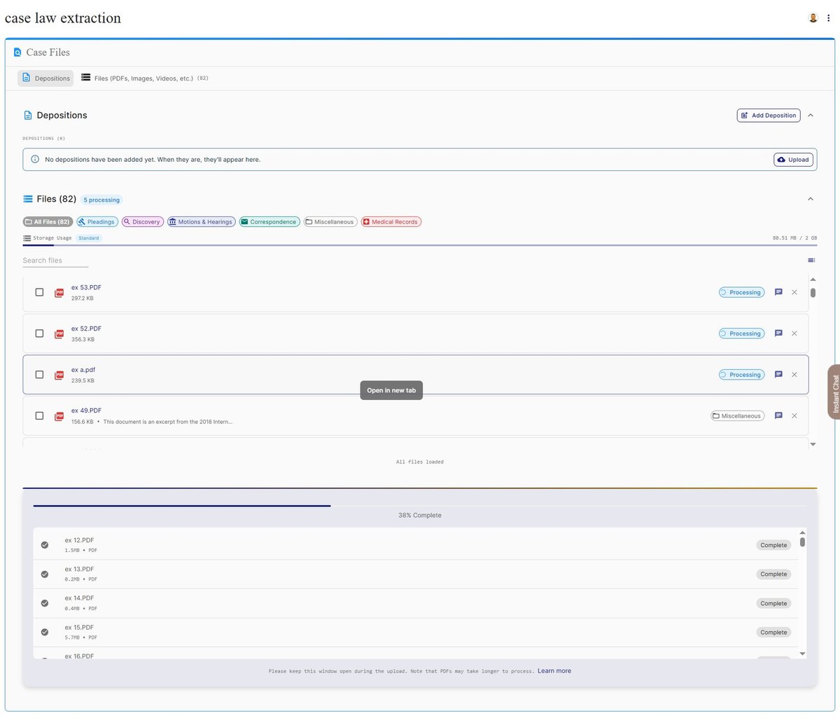 The original DepoGenius Case Files screen before the redesign