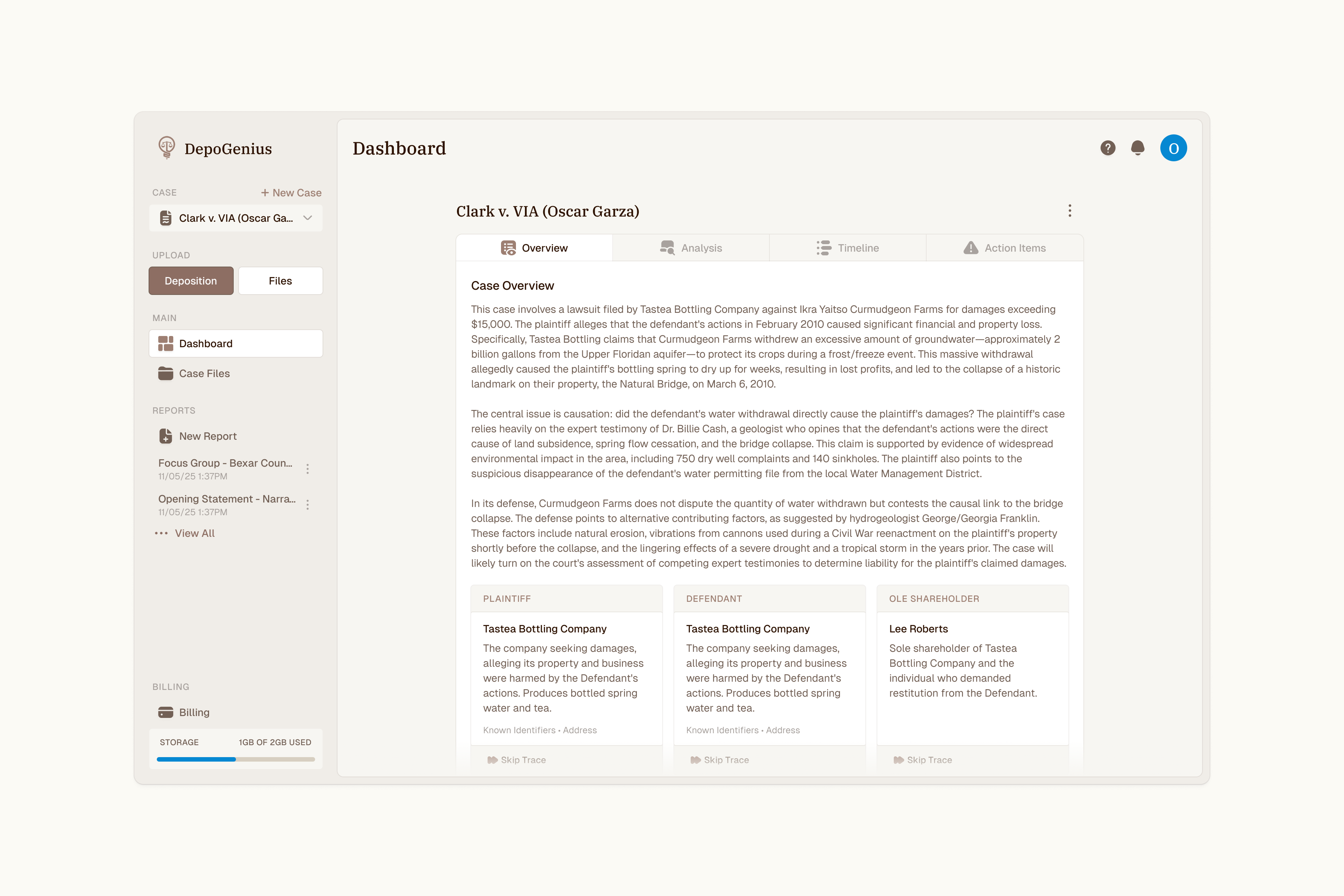 DepoGenius case Dashboard, Overview tab