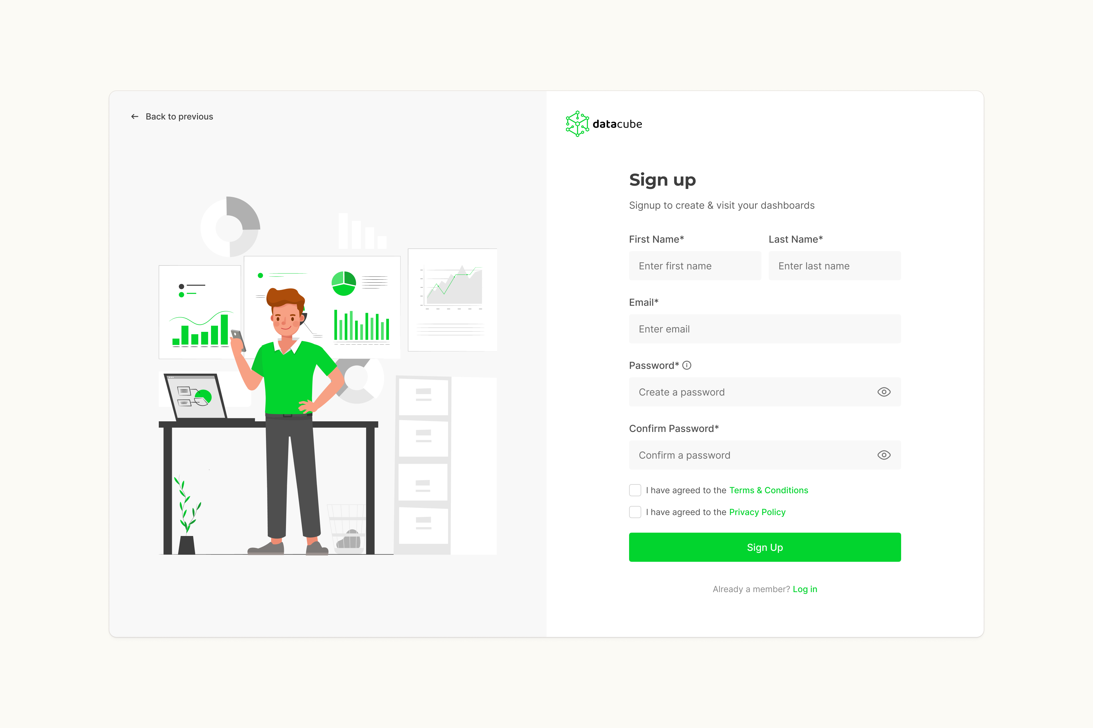 datacube sign-up screen