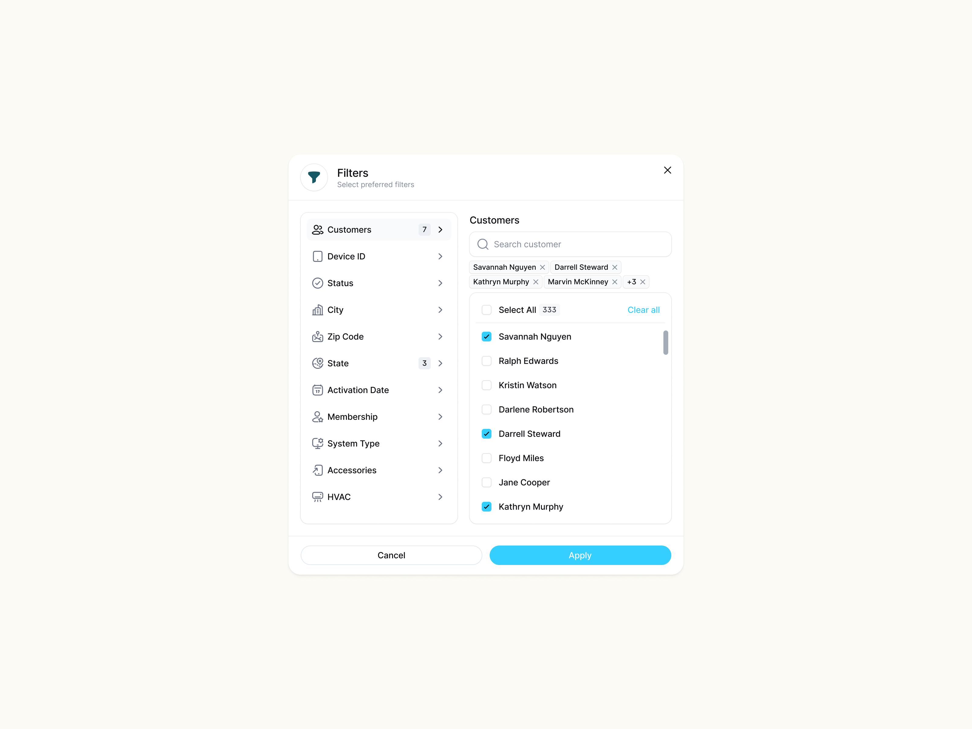 NUVE multi-dimensional customer and device filter