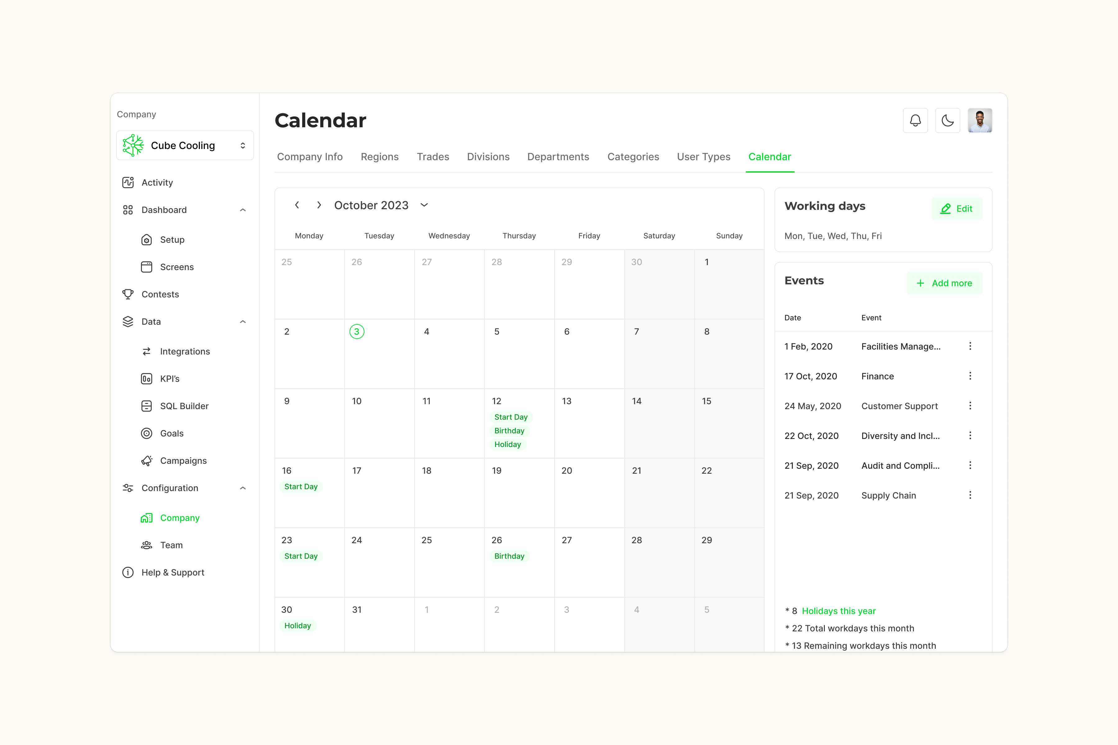 datacube working-days calendar with events