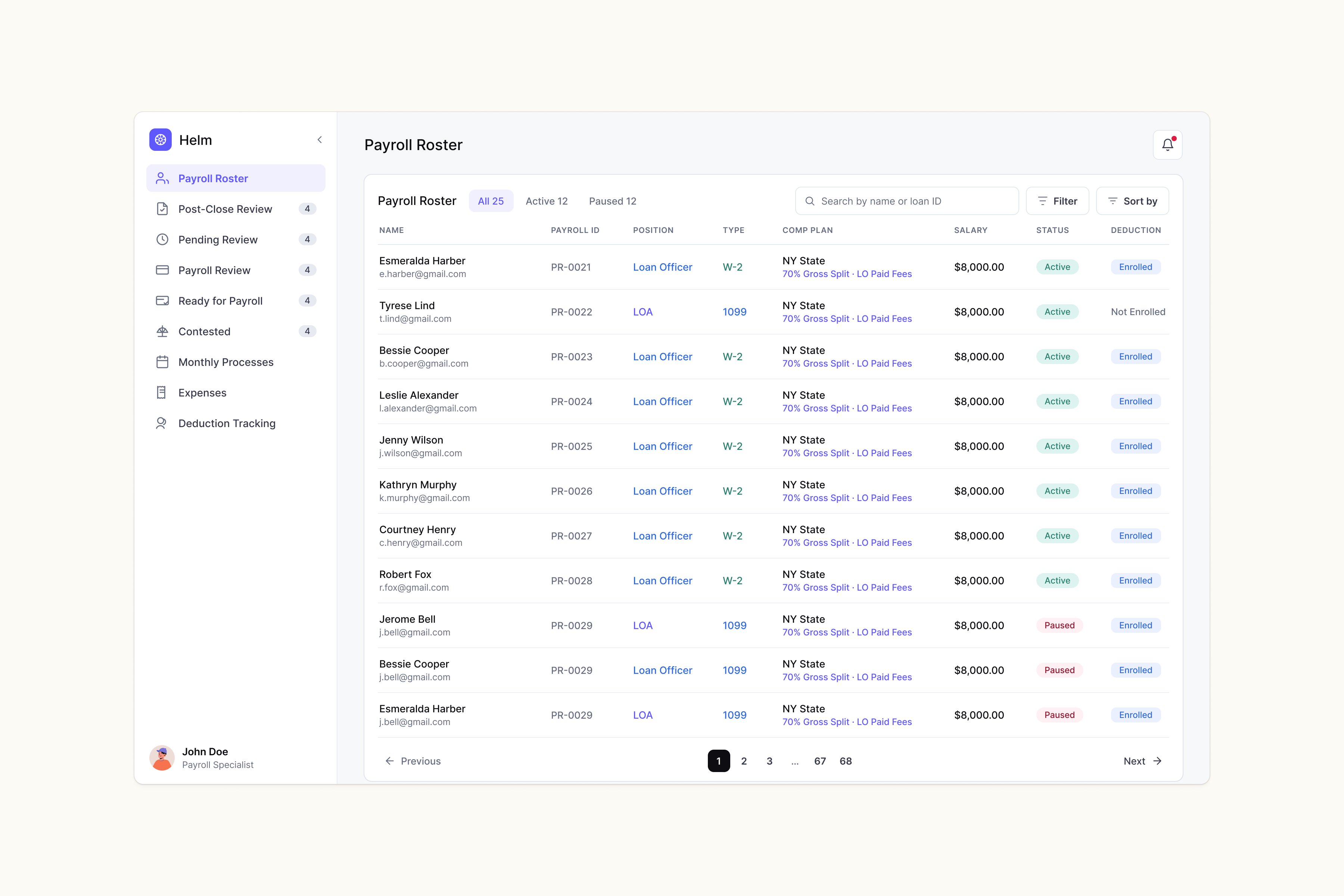Helm payroll runs with comp plans, employment type and deductions