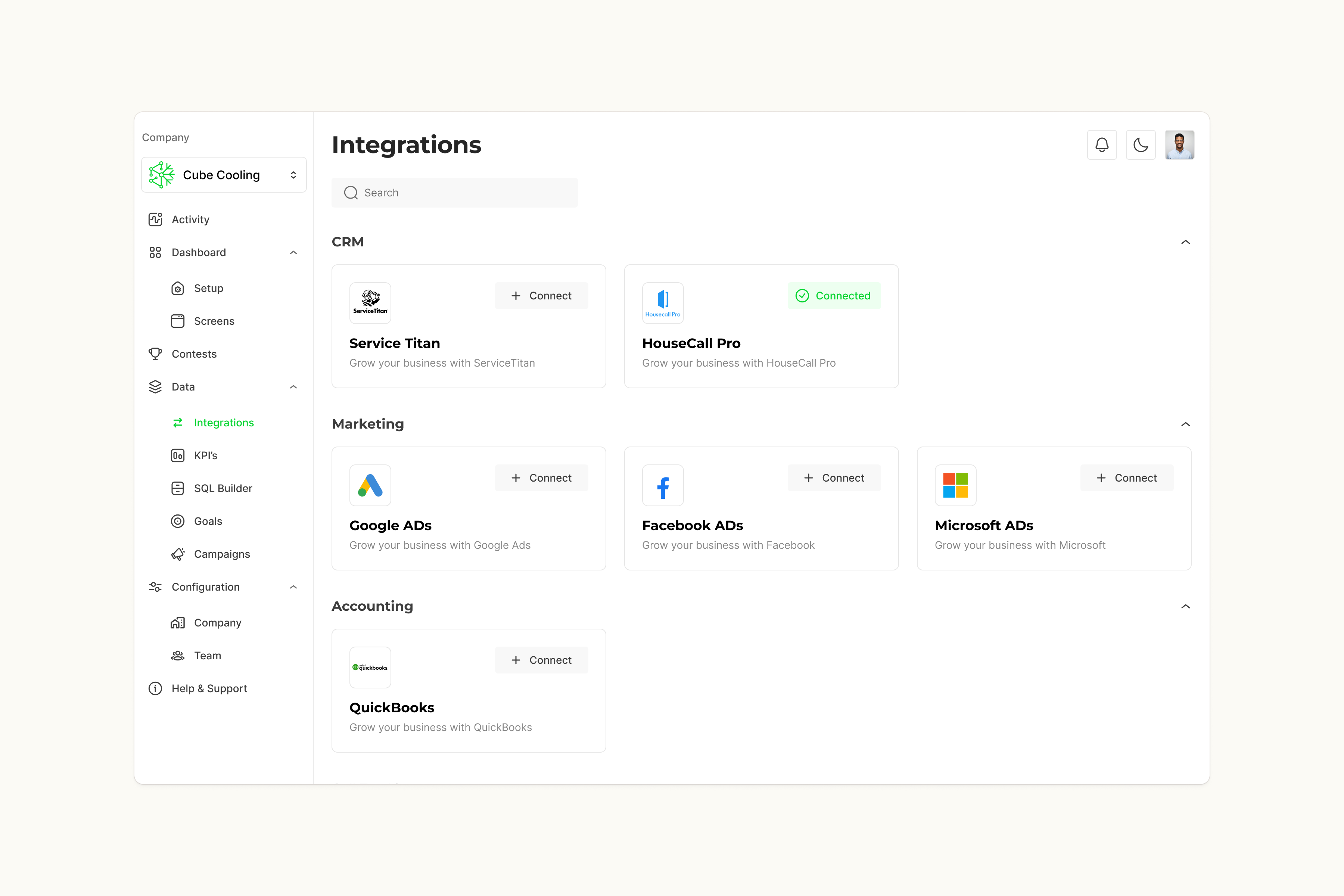 datacube integrations: ServiceTitan, HouseCall Pro, ad platforms and QuickBooks