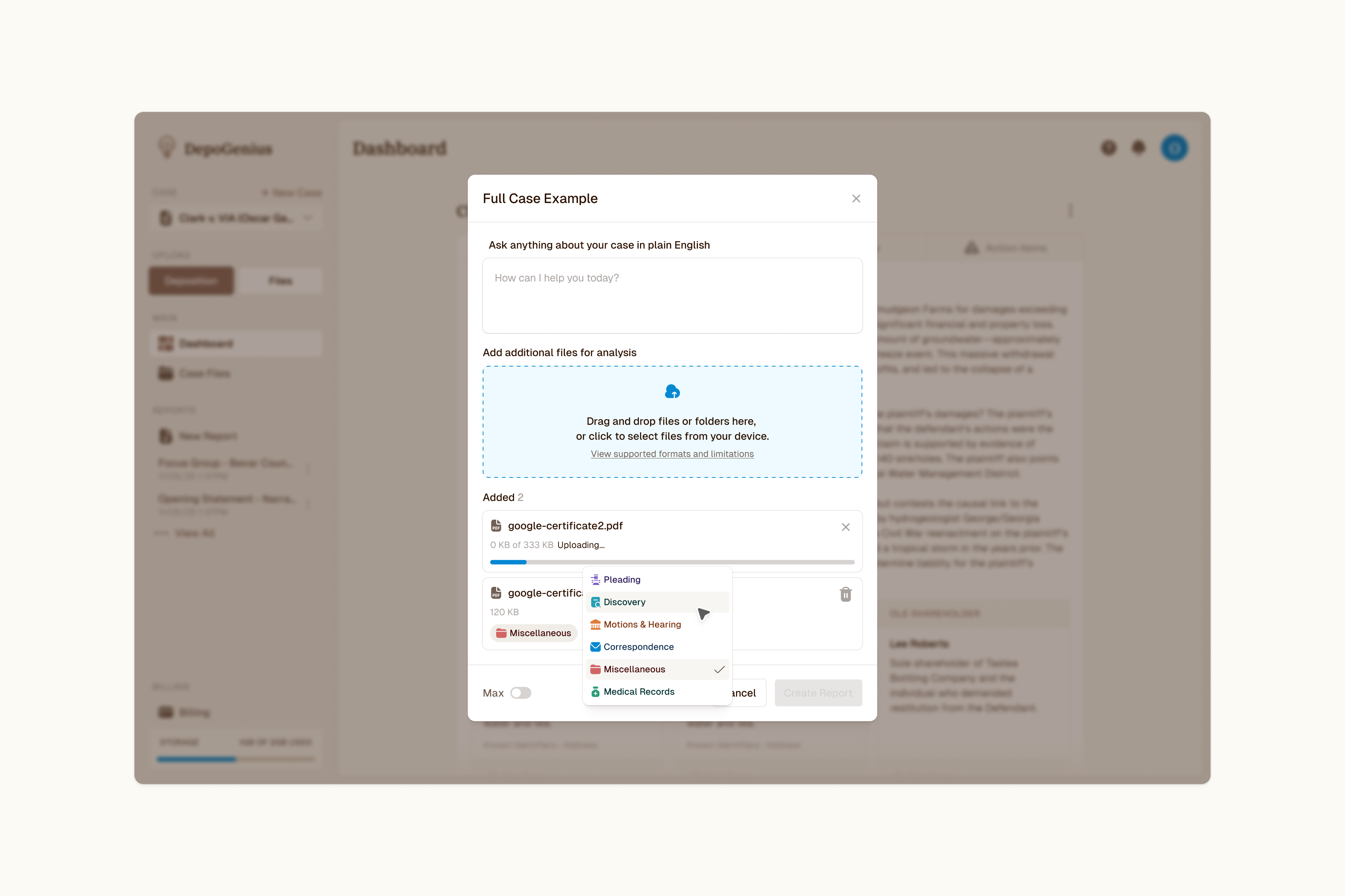 Report-creation modal with a plain-English prompt and file upload