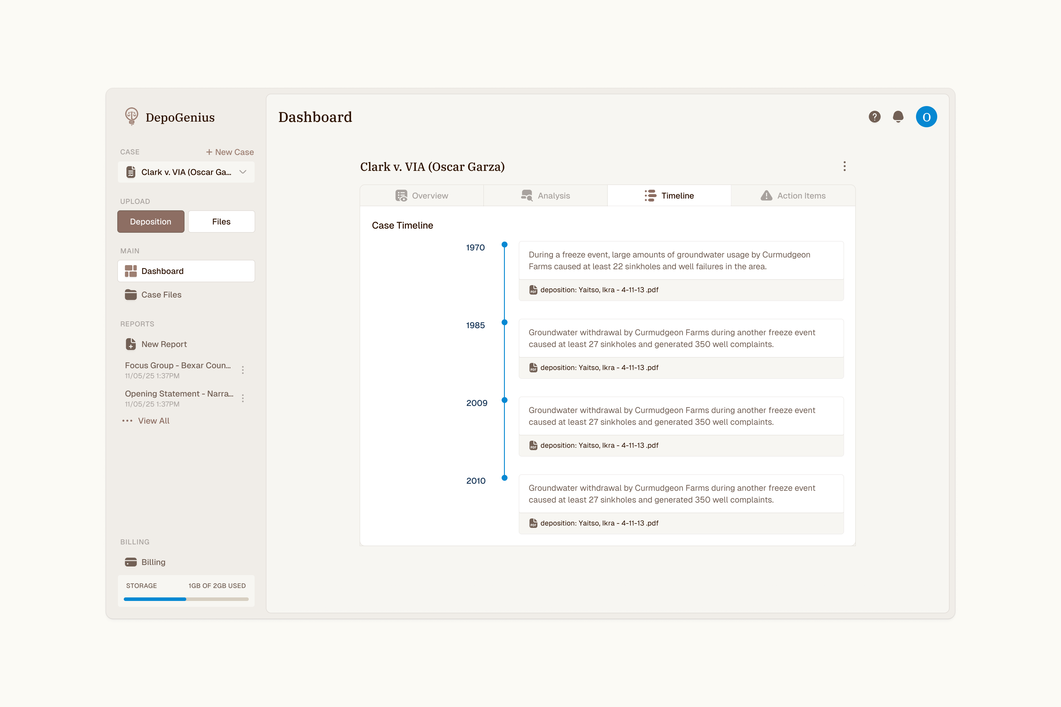 DepoGenius case Dashboard, Timeline tab