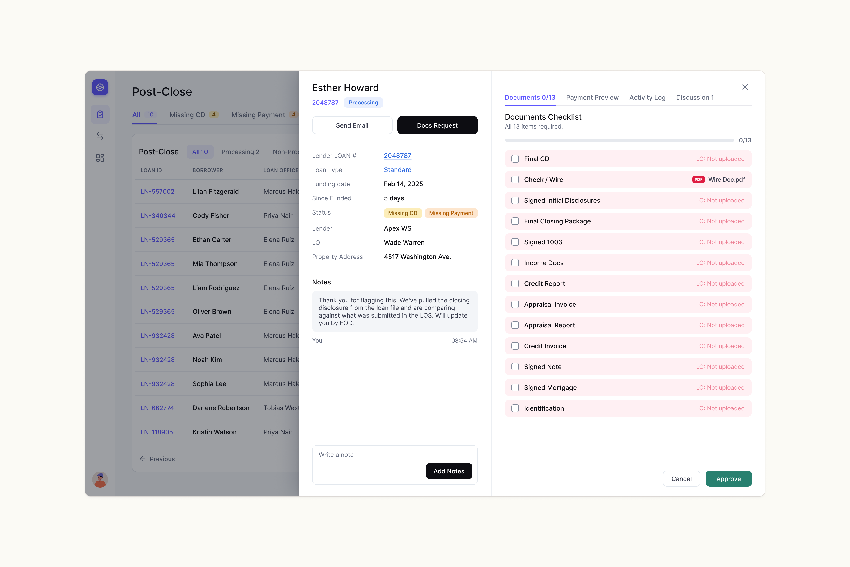 Helm loan detail panel with documents checklist and approval actions