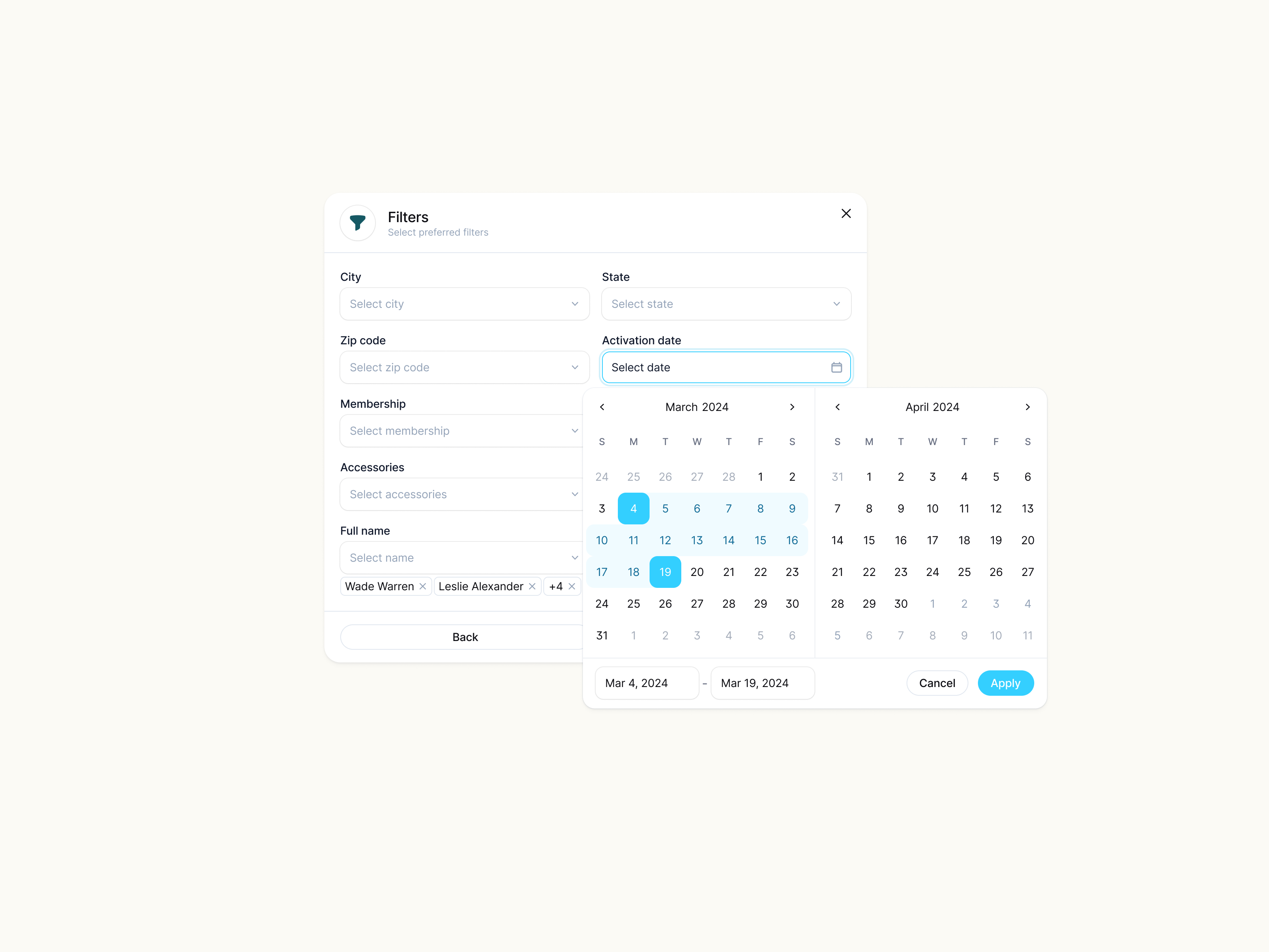 NUVE filters panel with date-range picker and multi-select