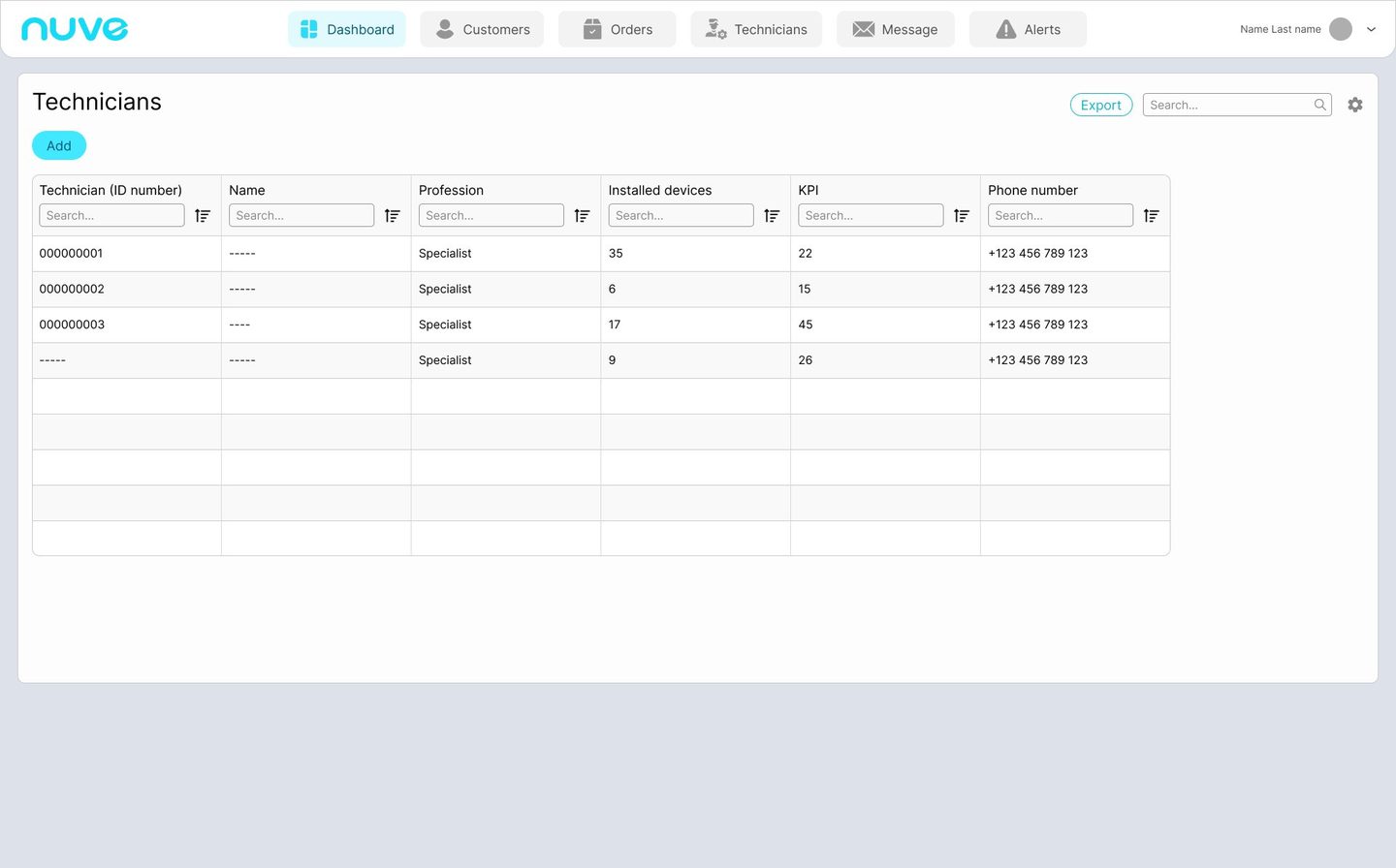 NUVE Technicians screen before the redesign