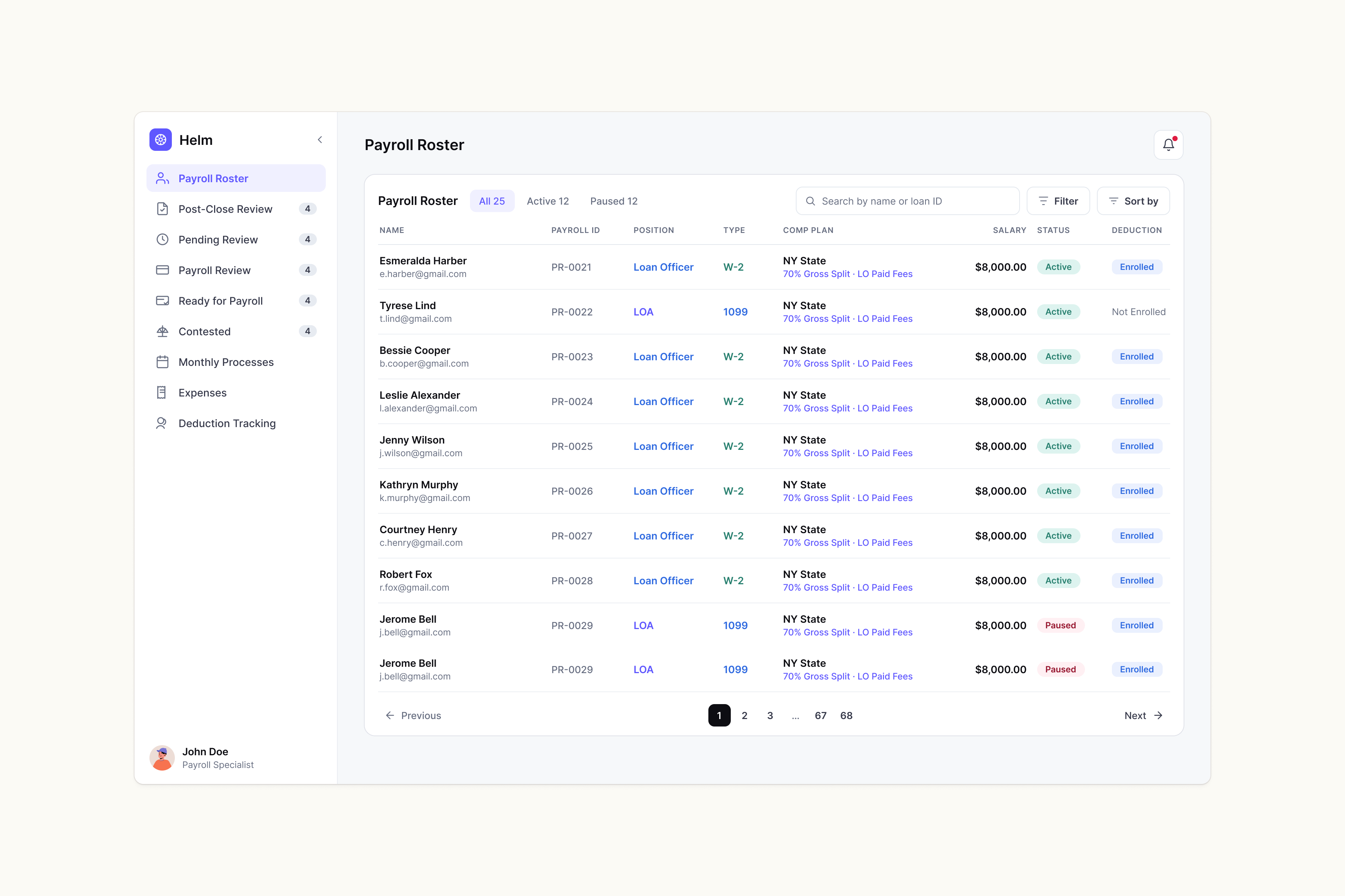 Helm payroll runs with comp plans, employment type and deductions